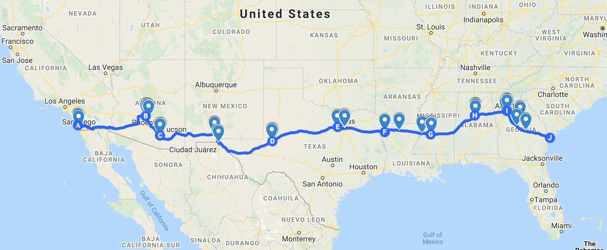 southern pacific road trip map