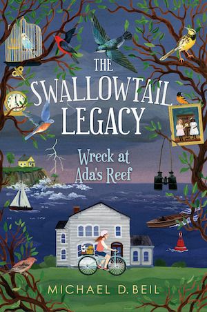 cover of The Swallowtail Legacy: Wreck at Ada’s Reef; image of children riding a bike by a house on an island