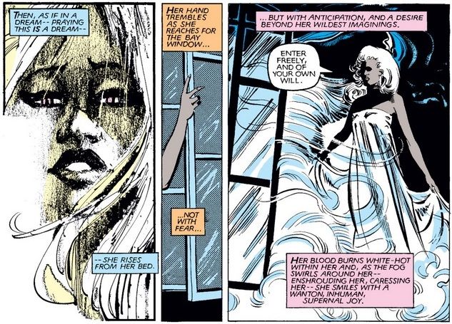 From Uncanny X-Men #159. In three dramatic panels, Storm, clad only in a sheet, opens the window to welcome an unseen lover.