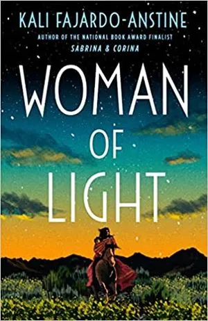 cover of Woman of Light by Kali Fajardo-Anstine, illustration of woman in a red dress riding a horse under a dusk sky