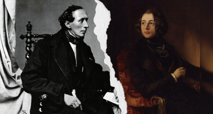 a photo of Hans Christian Anderson and a portrait of Charles Dickens with a tear down the middle