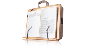 a photo of a bamboo book stand with a cushioned back