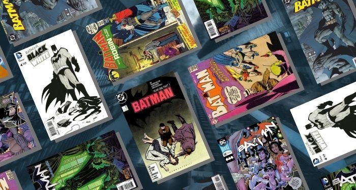 collage of seven covers of Batman comics