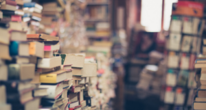 a photograph of a used bookstore piled high with book stacks