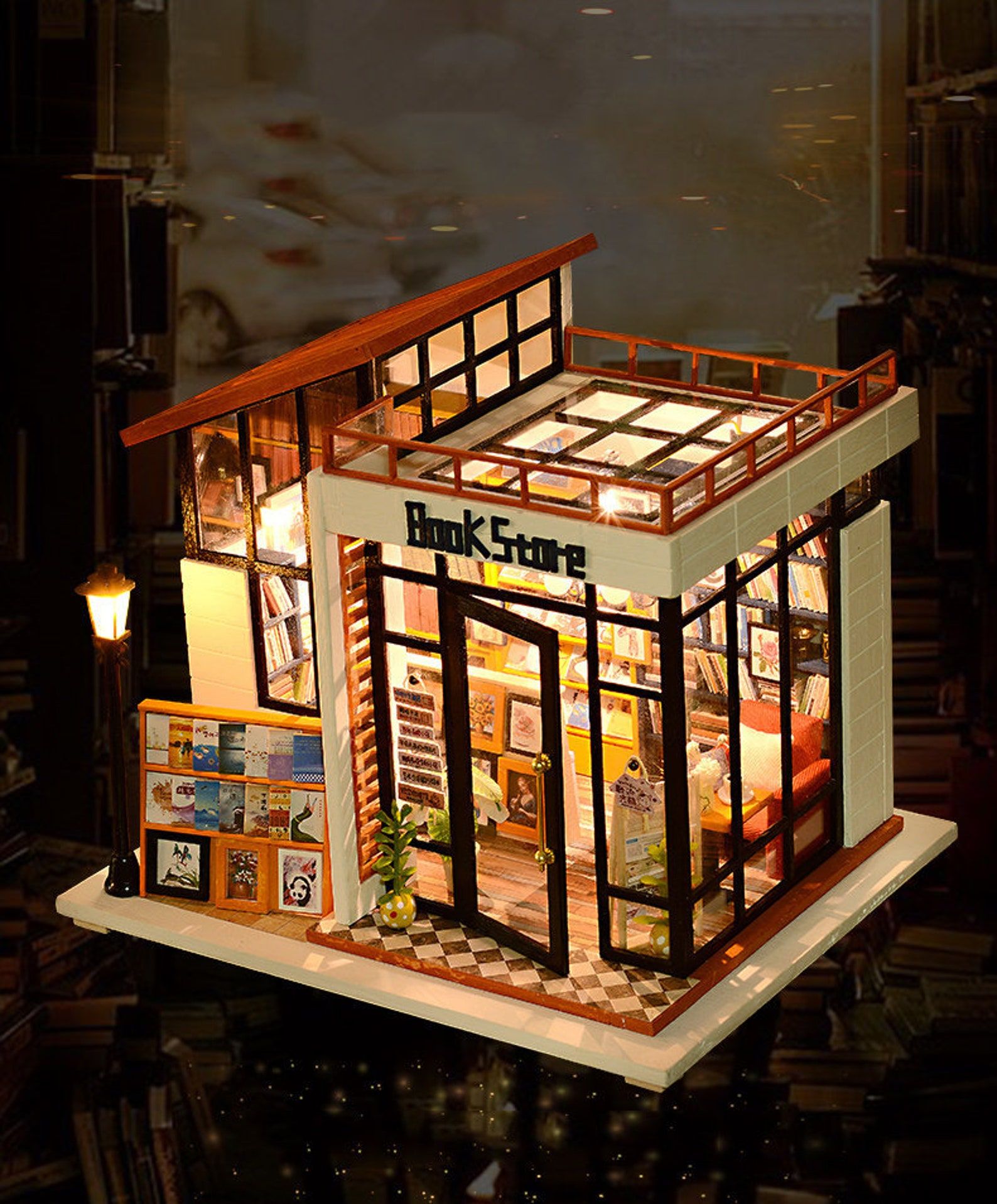 Image of a dollhouse size bookstore. 