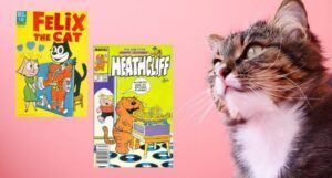 two cat comics beside an image of a cat on a pink background