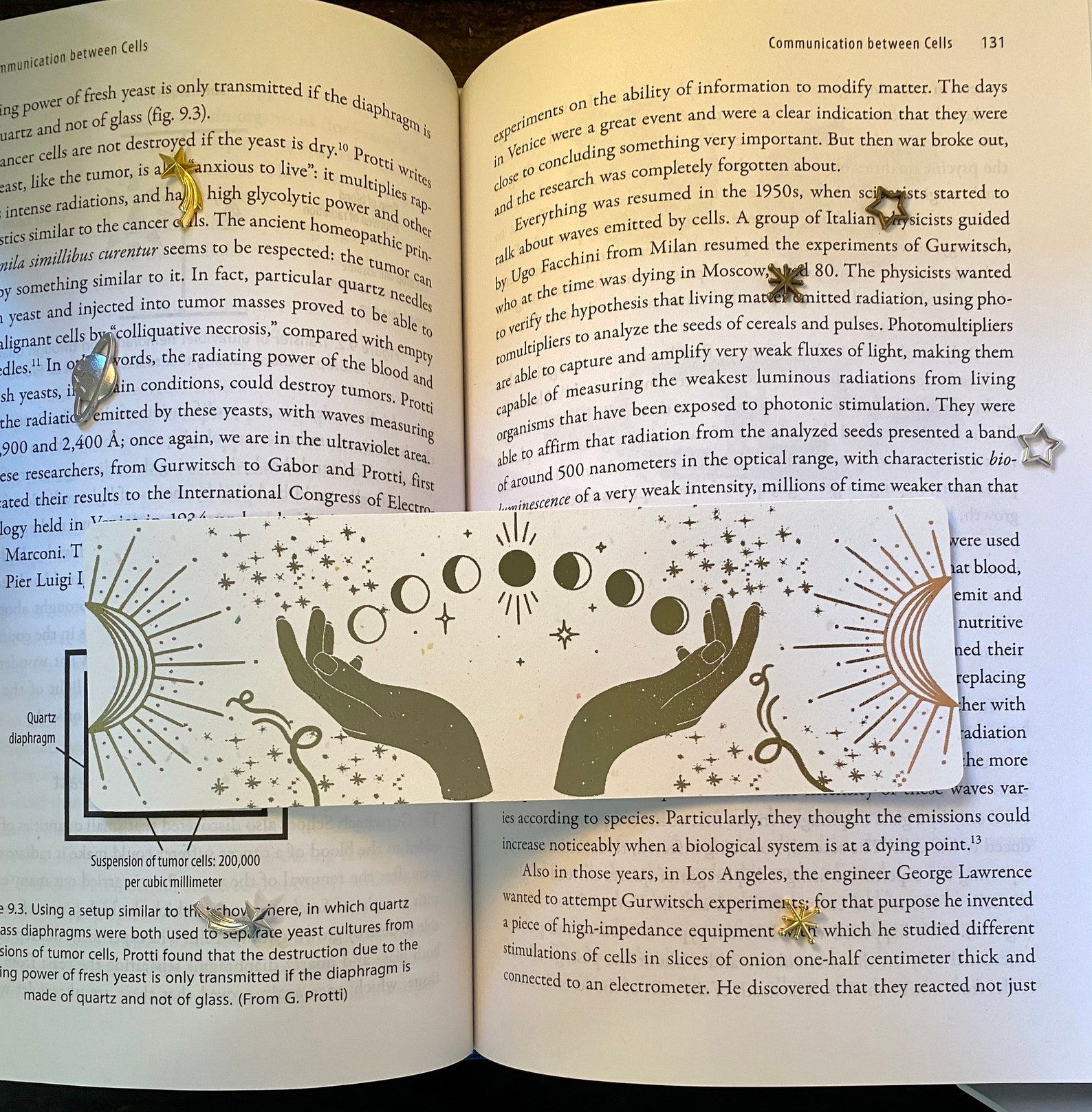 Image of a white bookmark with gold foil on an open book. The bookmark features the moon phases between two open hands and two half moons facing in opposite directions. 