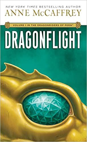 cover of Dragonflight by Anne McCaffrey; close-up of gold dragon with a green gem eyeball