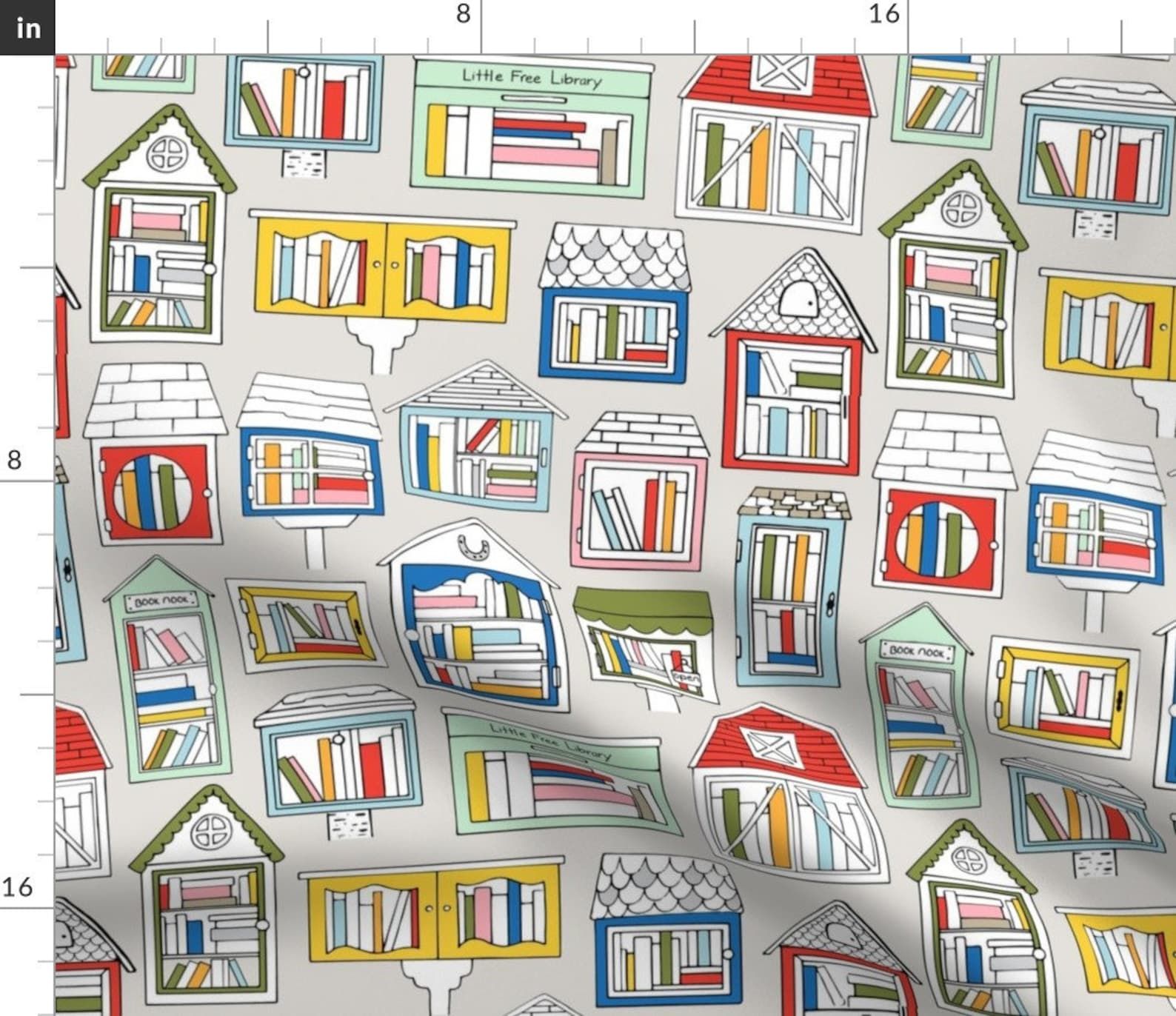 cool grey fabric with illustrations of various LFLs in bright primary colors.