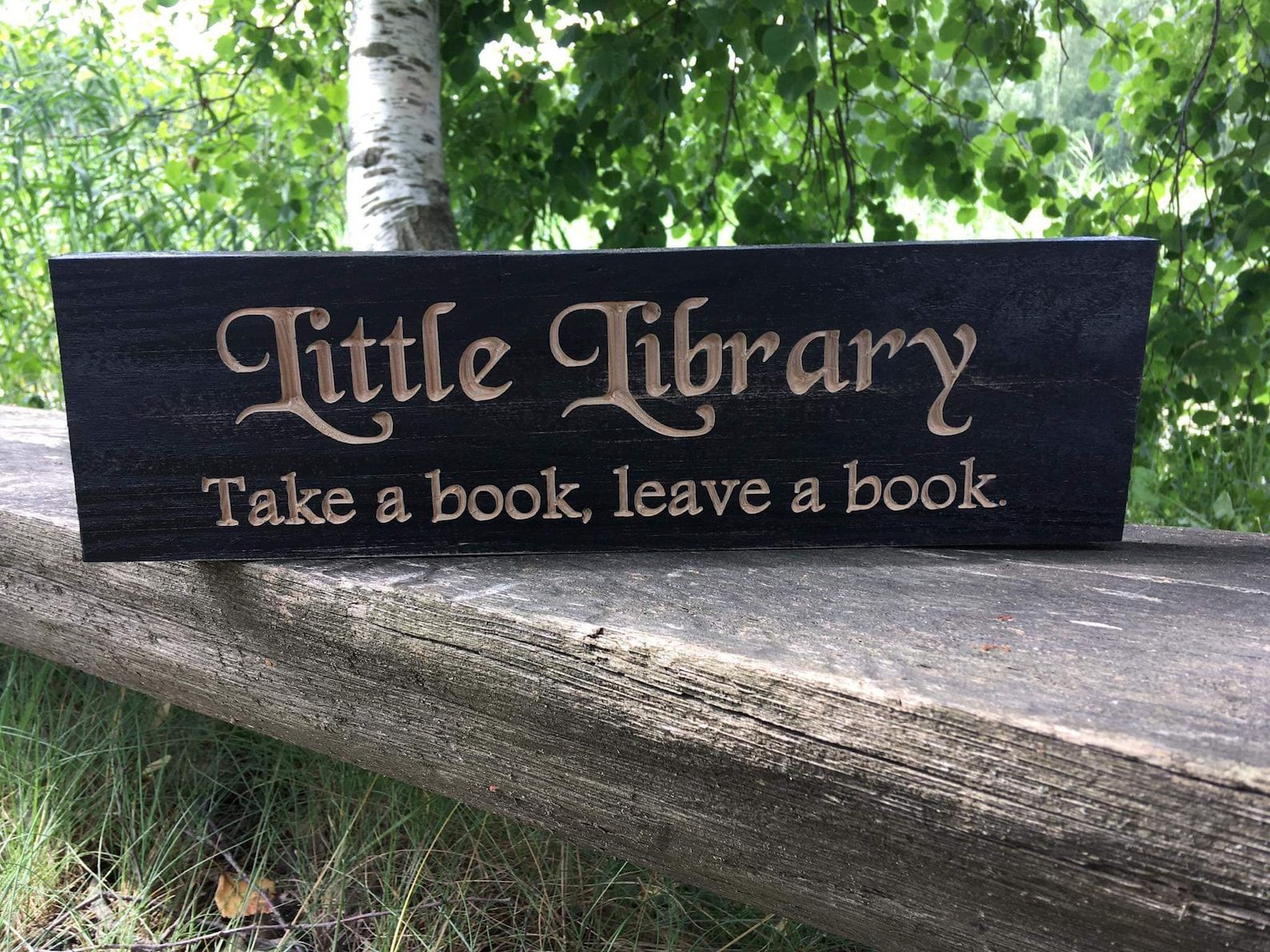 Black wooden sign with laser cut-out lettering reading "Little Library: Take a book, leave a book"