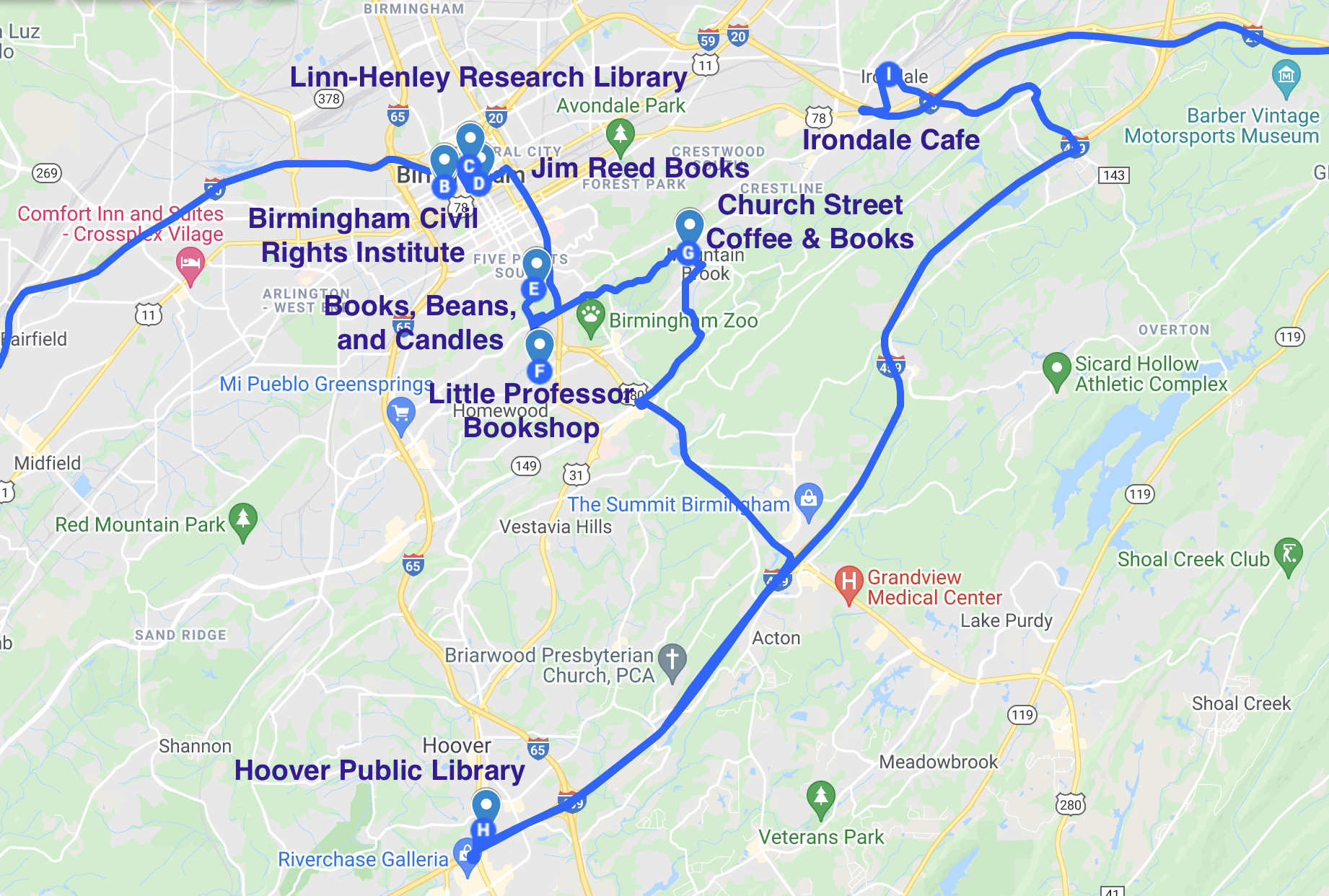 map of literary spots in birmingham, hoover, and irondale alabama 