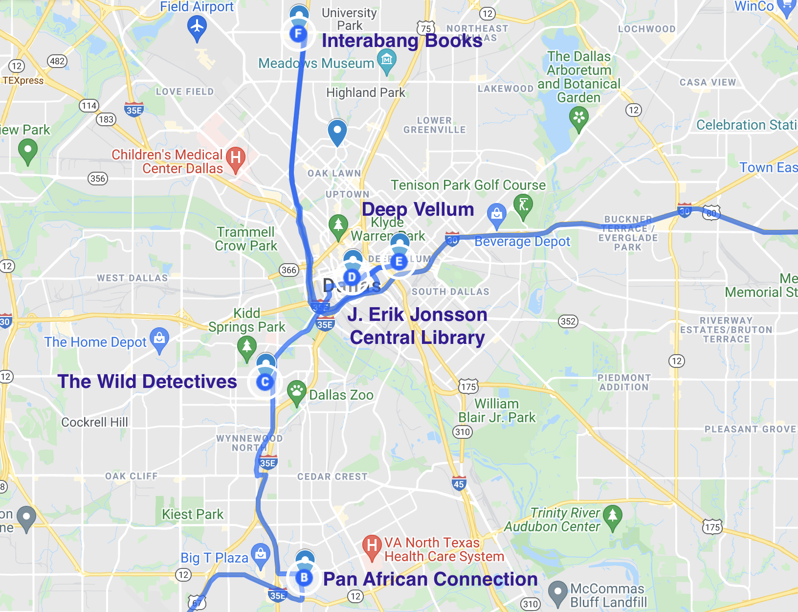 map of literary spots in dallas texas