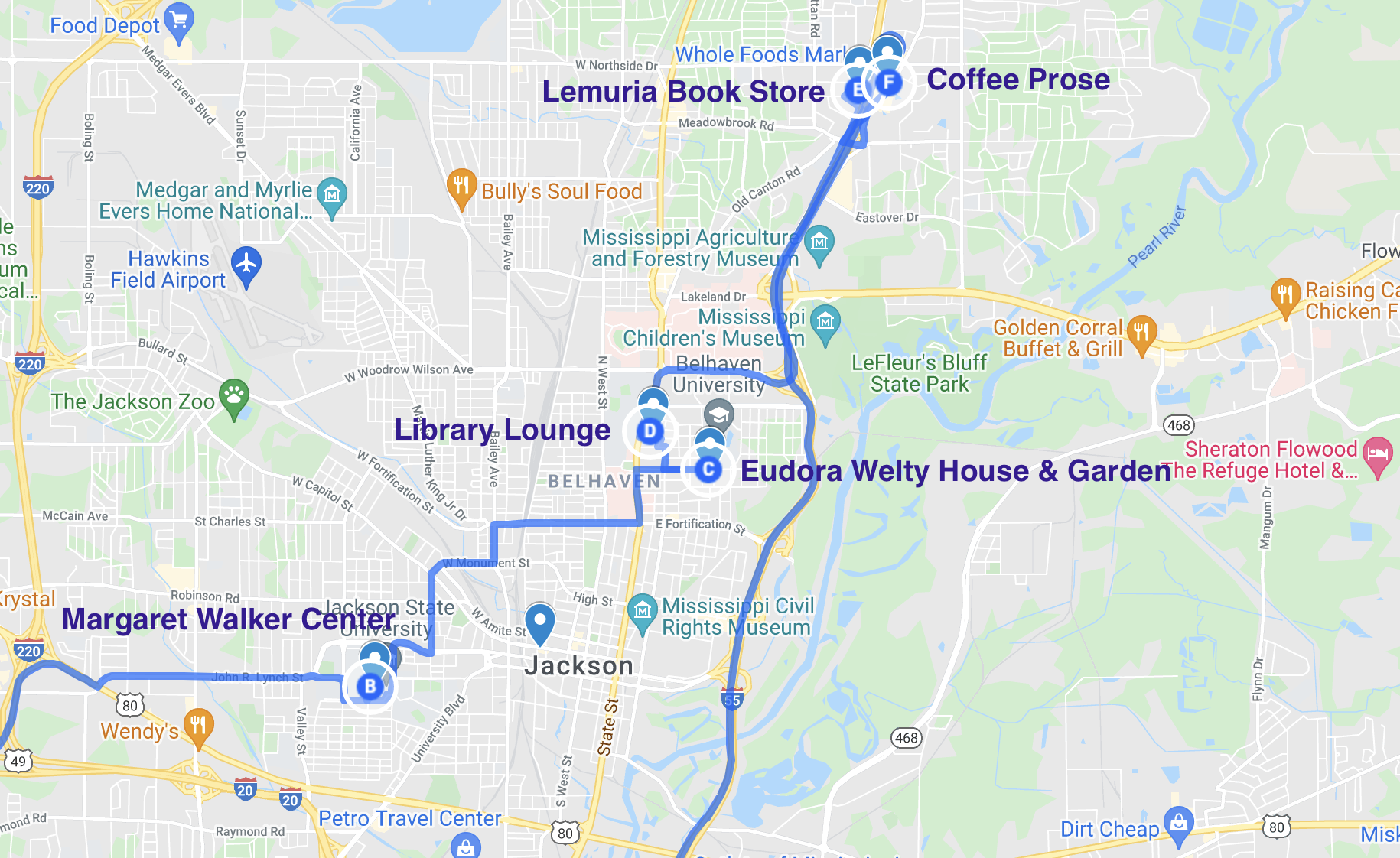 map of literary spots in jackson mississippi