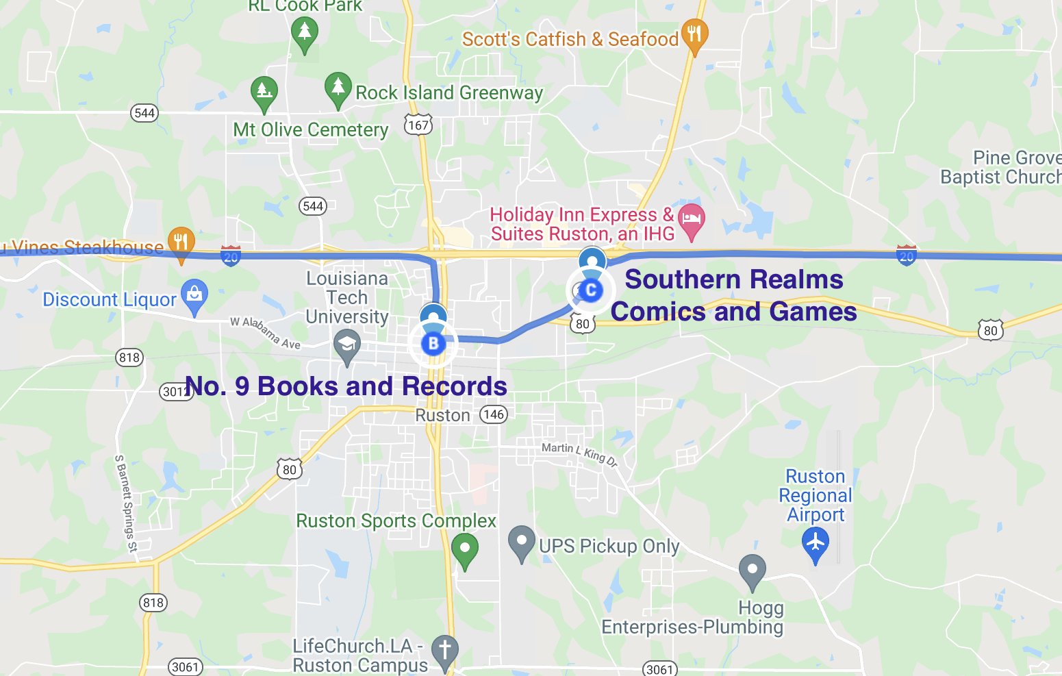 map of literary spots in ruston louisiana