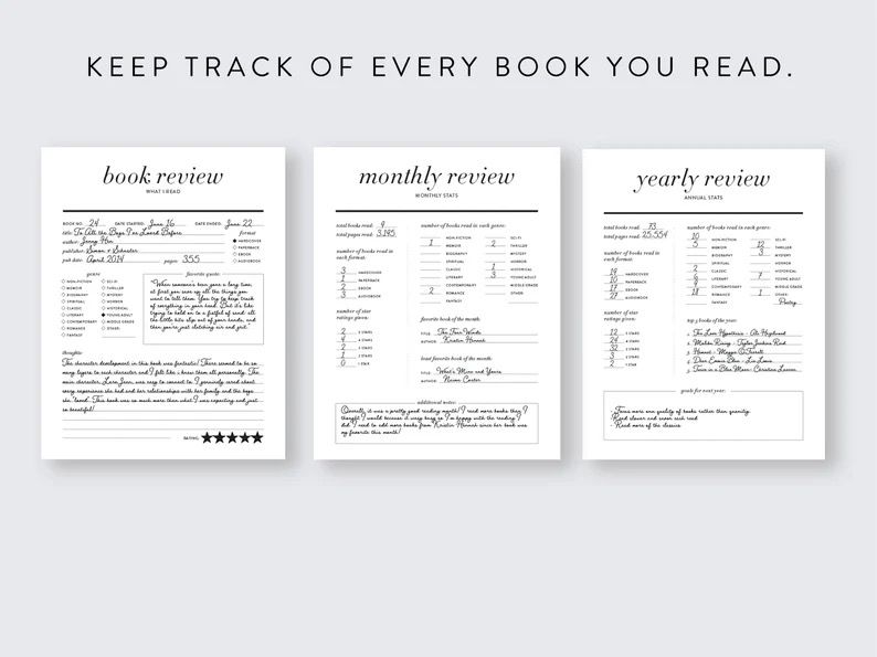 three black and white reading journal pages; one is labeled "book review," one is "monthly review," and one is "yearly review"