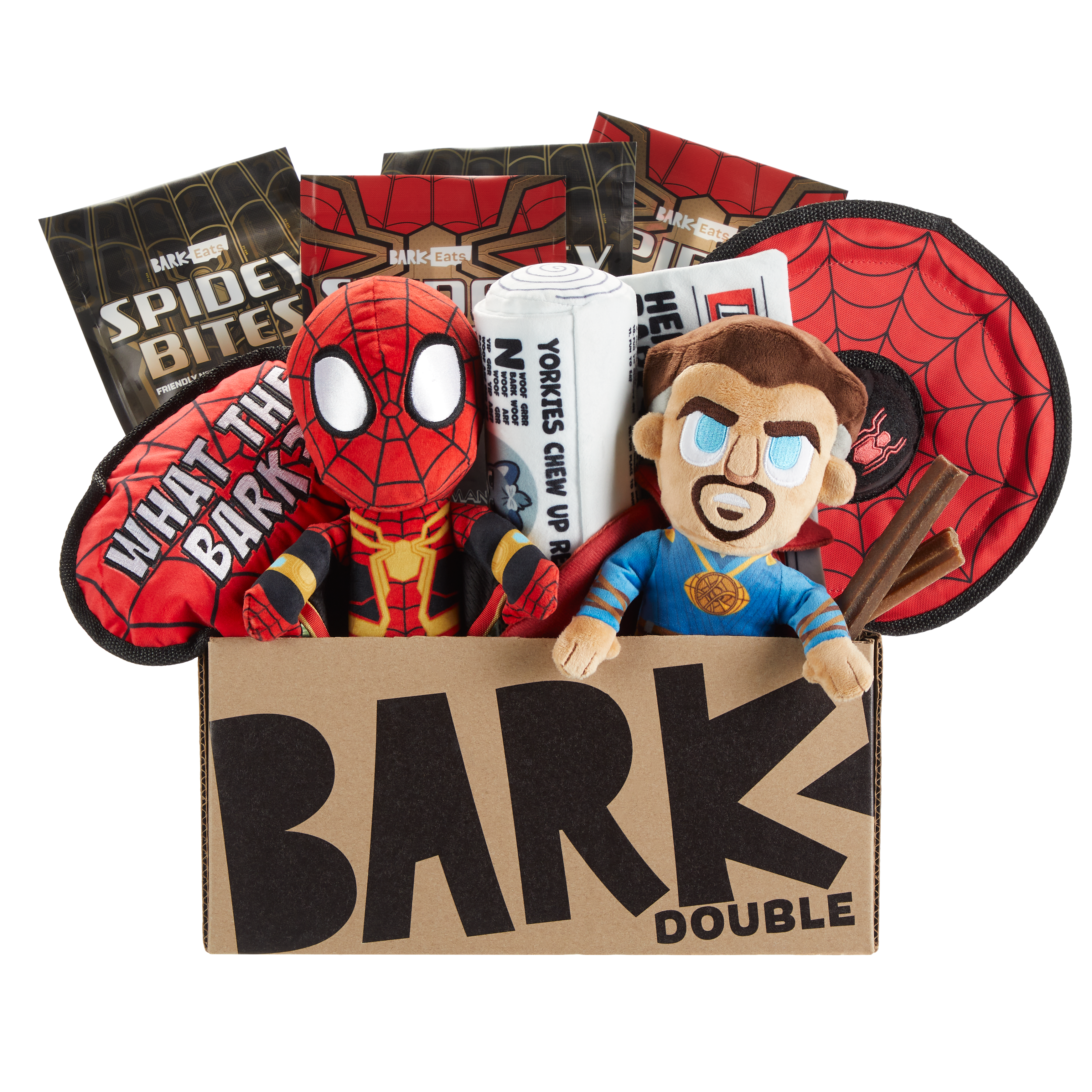 image of the Bark Box special box packed with Spider-Man themed toys.