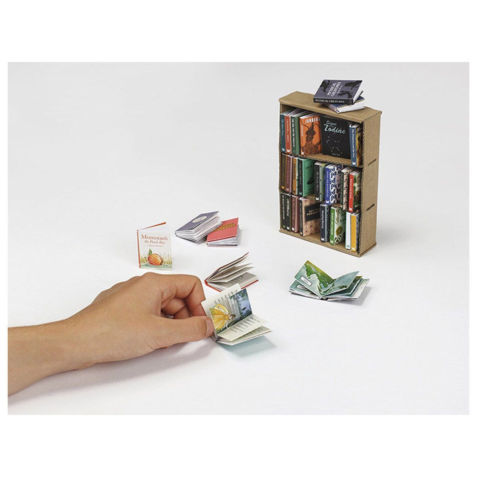A white hand holds a miniature book. Beside are other miniature books and more miniature books on a miniature bookshelf. 