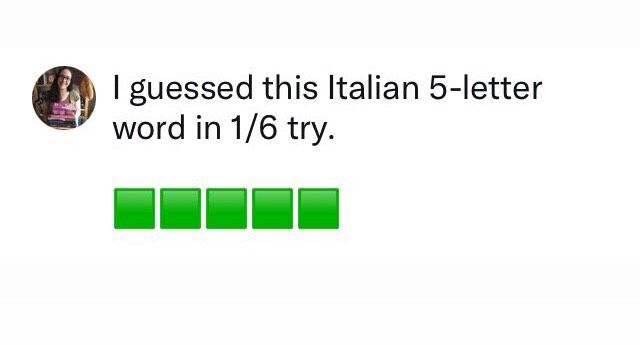 image d'une capture d'écran avec un résultat wordle quotidien indiquant que j'ai deviné ce mot italien de 5 lettres en 1/6 essai