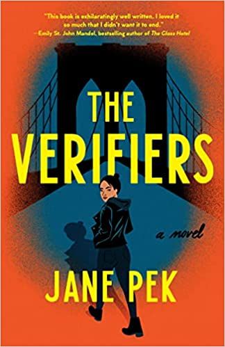 cover of The Verifiers by Jane Pek; illustration of a woman in black walking towards the Brooklyn Bridge
