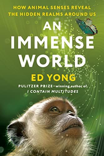 cover of An Immense World: How Animal Senses Reveal the Hidden Realms Around Us; photo of a monkey looking up at a butterfly
