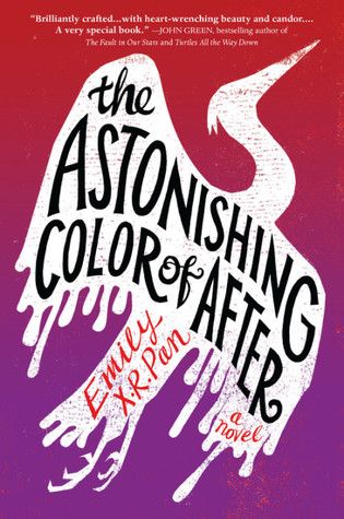 cover of The Astonishing Color of After, showing the text of the book title and author name inside the shape of a white crane against a red and purple background
