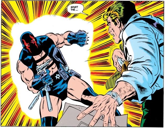From Batman #417. The KGBeast, dressed in what appears to be skimpy fetish gear, prepares to shoot someone.
