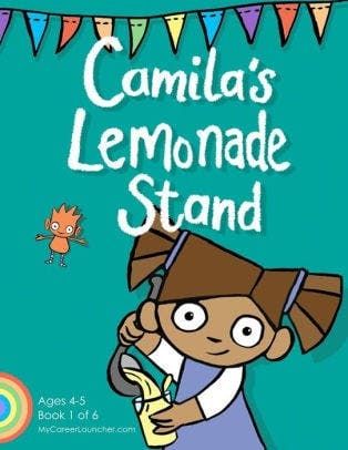 A young girl in a purple pinafore pours lemonade into a cup on a teal background. This is the cover for Camila's Lemonade Stand by Lizzie Duncan, Brian Cunningham and GIles Jackson