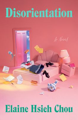 Disorientation book cover, showing a pink room with clothing and papers falling through the air