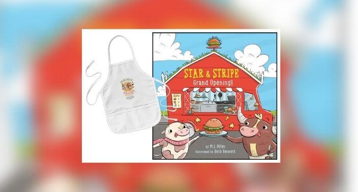 Book cover of Star & Stripe: Grand Opening by M.J. Offen and Ruth Bennett next to a child-sized apron