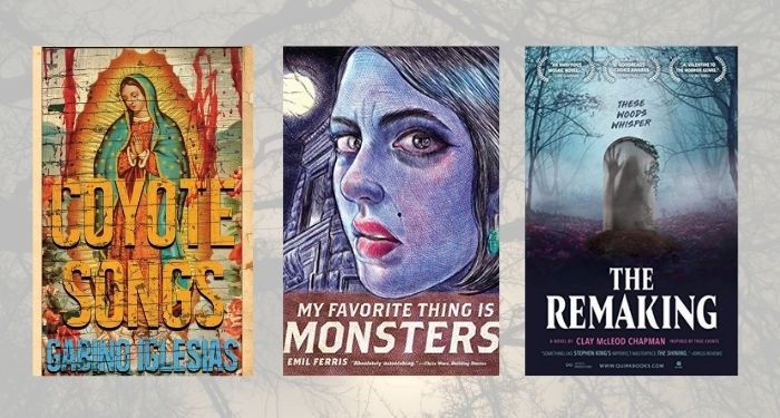 Book covers for Coyote Songs, My Favorite Thing Is Monsters, and The Remaking. 