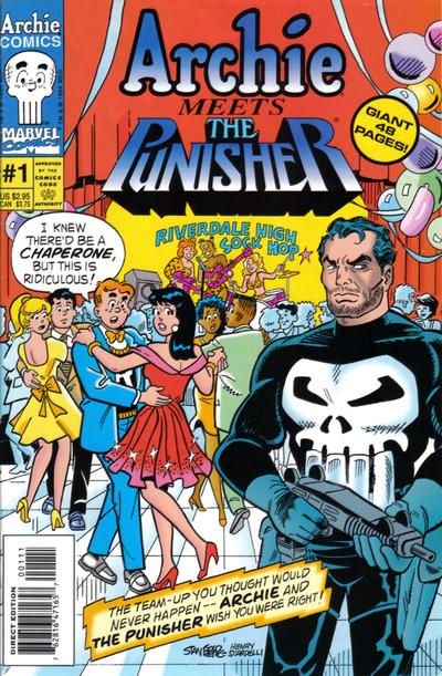 The cover of Archie Meets the Punisher, showing a school dance with the Archie gang and the Punisher looking comically out of place in the foreground. The corner box has both the Archie and Marvel logos, and a drawing that combines Archie's face, complete with freckles and cross-hatched hair, with the skull and elongated teeth of the Punisher's logo.