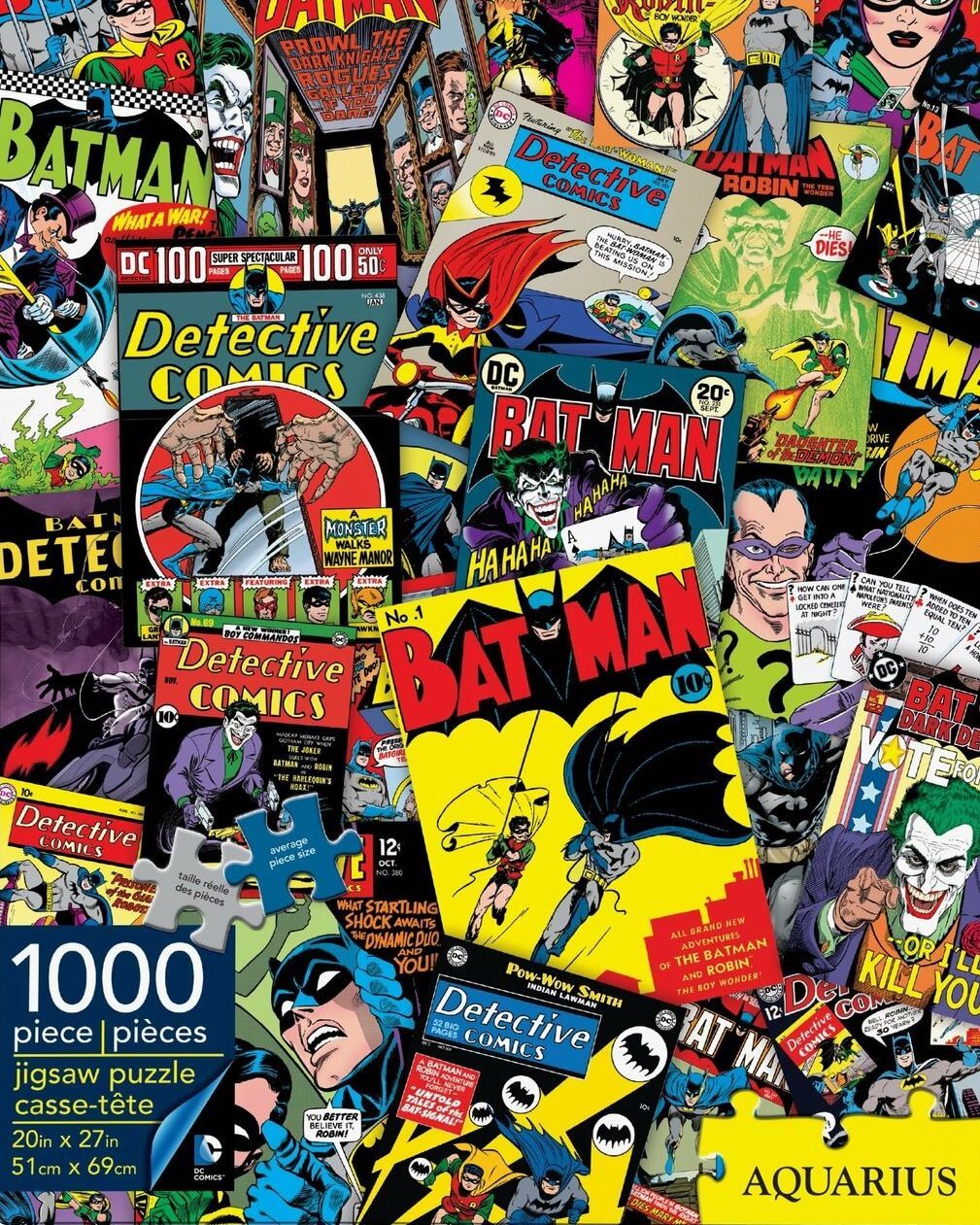 a puzzle showing a collage of Batman covers