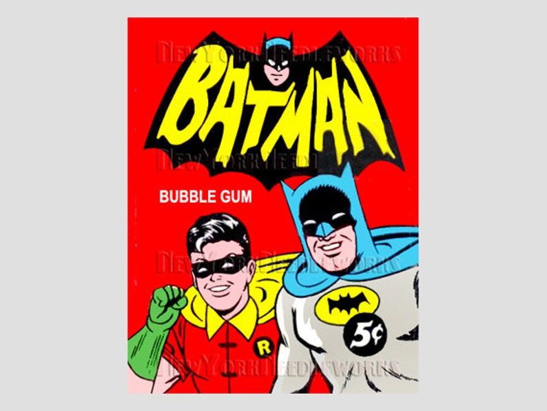Batman Bubble Gum inspired cross stitch picture featuring Batman and Robin. 