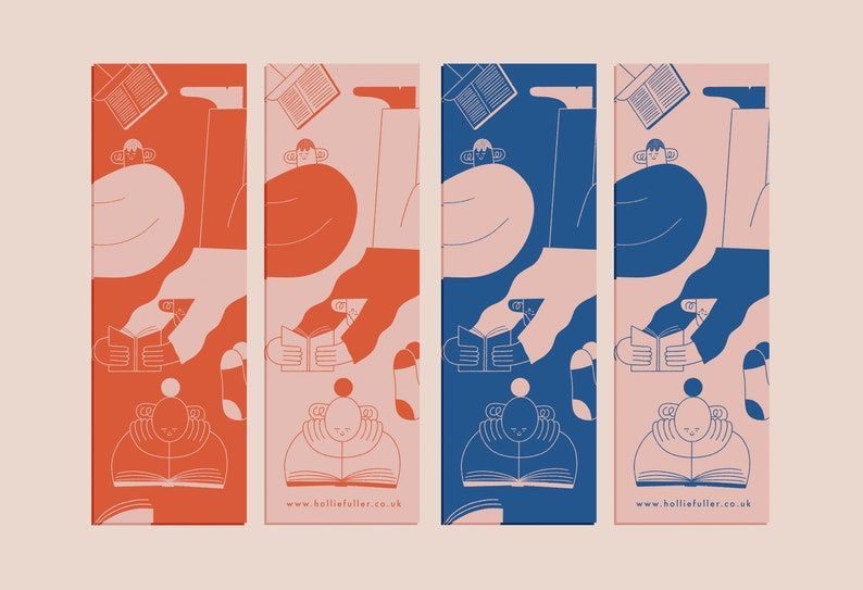 Four abstract-style bookmarks in red, pink, and blue featuring people reading books. 