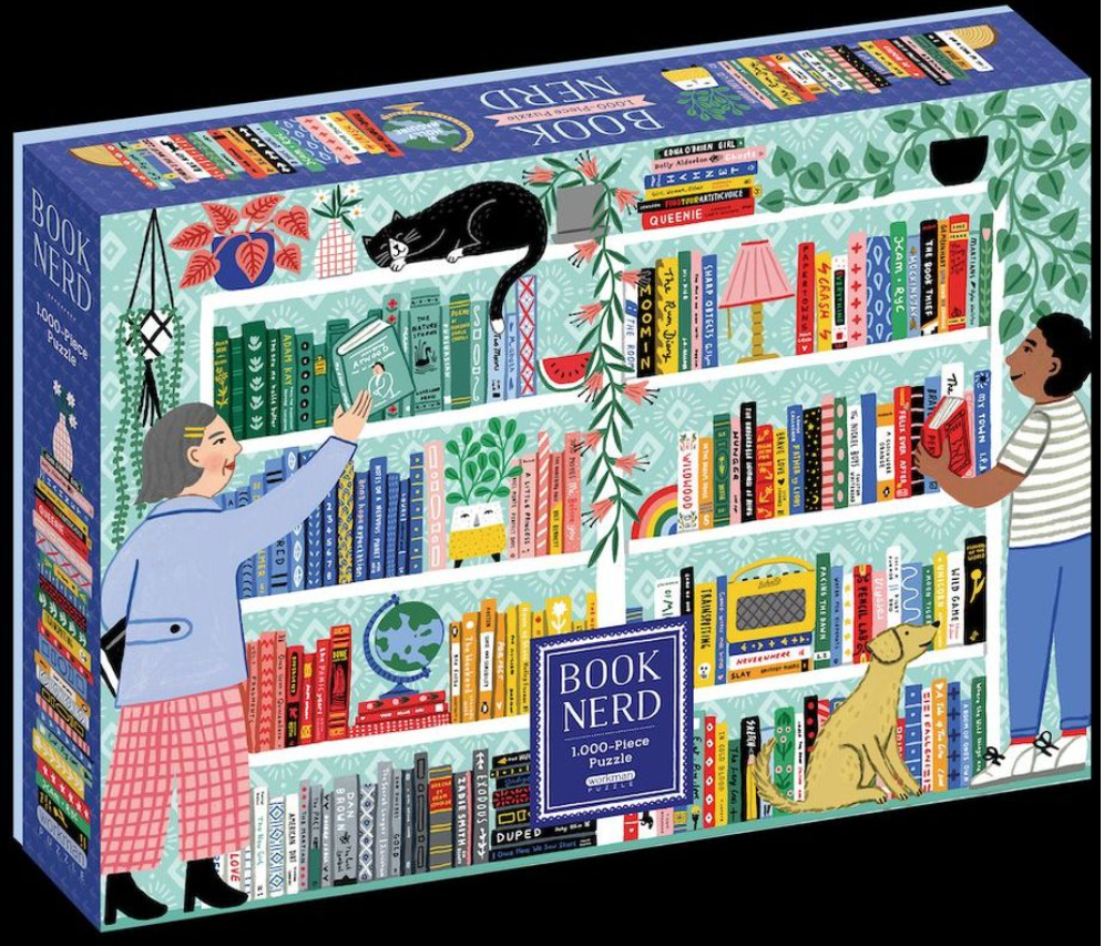 a puzzle with an illustration of a colorful bookcase with two people selecting books. There are plants and a cat on the shelves and a dog sitting in front of the shelves.