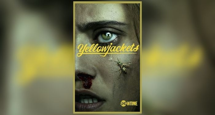 promotional image for Showtime show Yellowjackets (2021). a closeup of a feminine face with a bloody nose and a yellowjacket on their cheek.