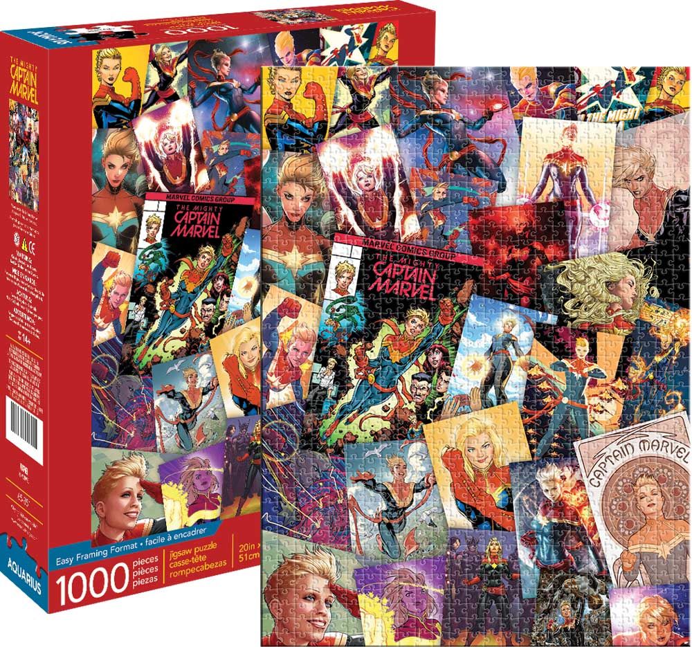 a puzzle showing a collage of Captain Marvel comic covers