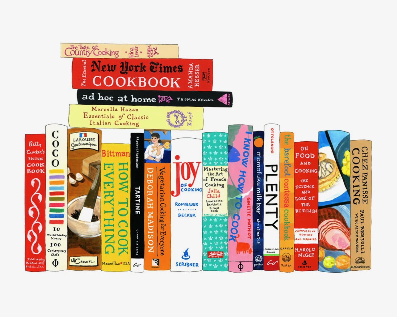 A illustrated print of a shelf of colorful cookbooks, spines out, drawn to look exactly like the spines of the actual cookbooks.