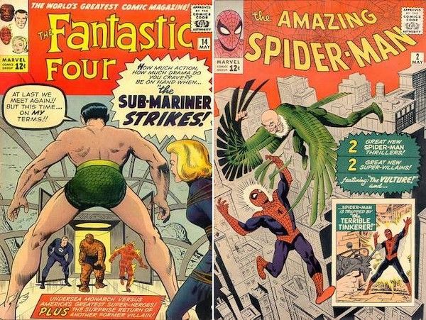 The covers to Fantastic Four #14 and The Amazing Spider-Man #2.

FF shows Namor from the back, squaring off against Mr. Fantastic, the Thing, and the Human Torch, with Invisible Girl tied up in the foreground. The corner box features the heads of all of the Fantastic Four.

Spider-Man shows Spidey fighting the Vulture, and an inset box shows him fighting the Tinkerer. The corner box features a closeup of his head.