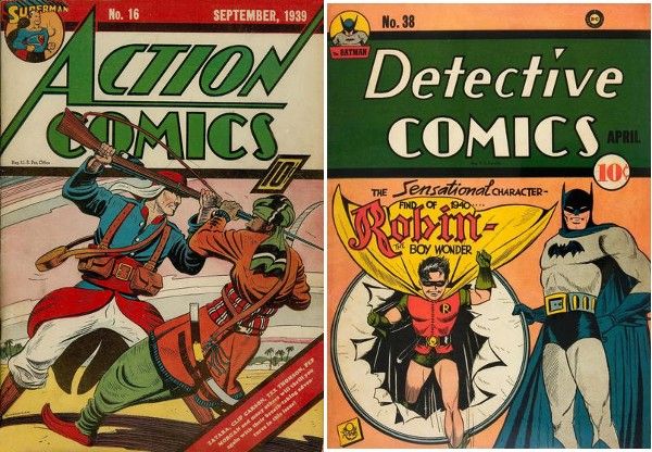 The covers of Action Comics #16 and Detective Comics #38.

Action Comics shows a white soldier (French Foreign Legion? I'm not sure!) attacking an Arab soldier with a bayonet. There is a circle in the upper left hand corner with a drawing of Superman breaking free of chains.

Detective Comics shows Robin bursting through a frame that Batman is holding up. There is a circle in the upper lefthand corner with a drawing of Batman.