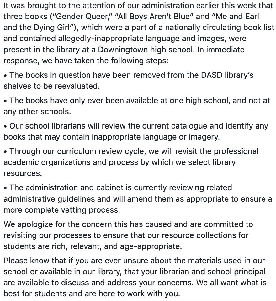 screen shot of the message posted on the downingtown area school district facebook page about removal of books.