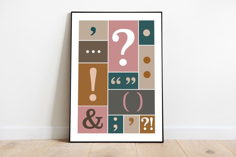 Image of a print featuring punctuation marks in browns, pinks, and golds. 