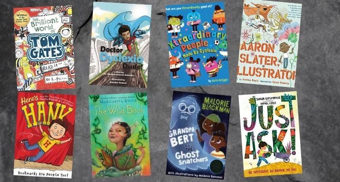 collage of dyslexia friendly children's books