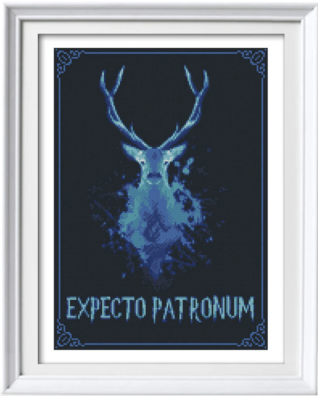 Expecto patronum cross stitch featuring a stag