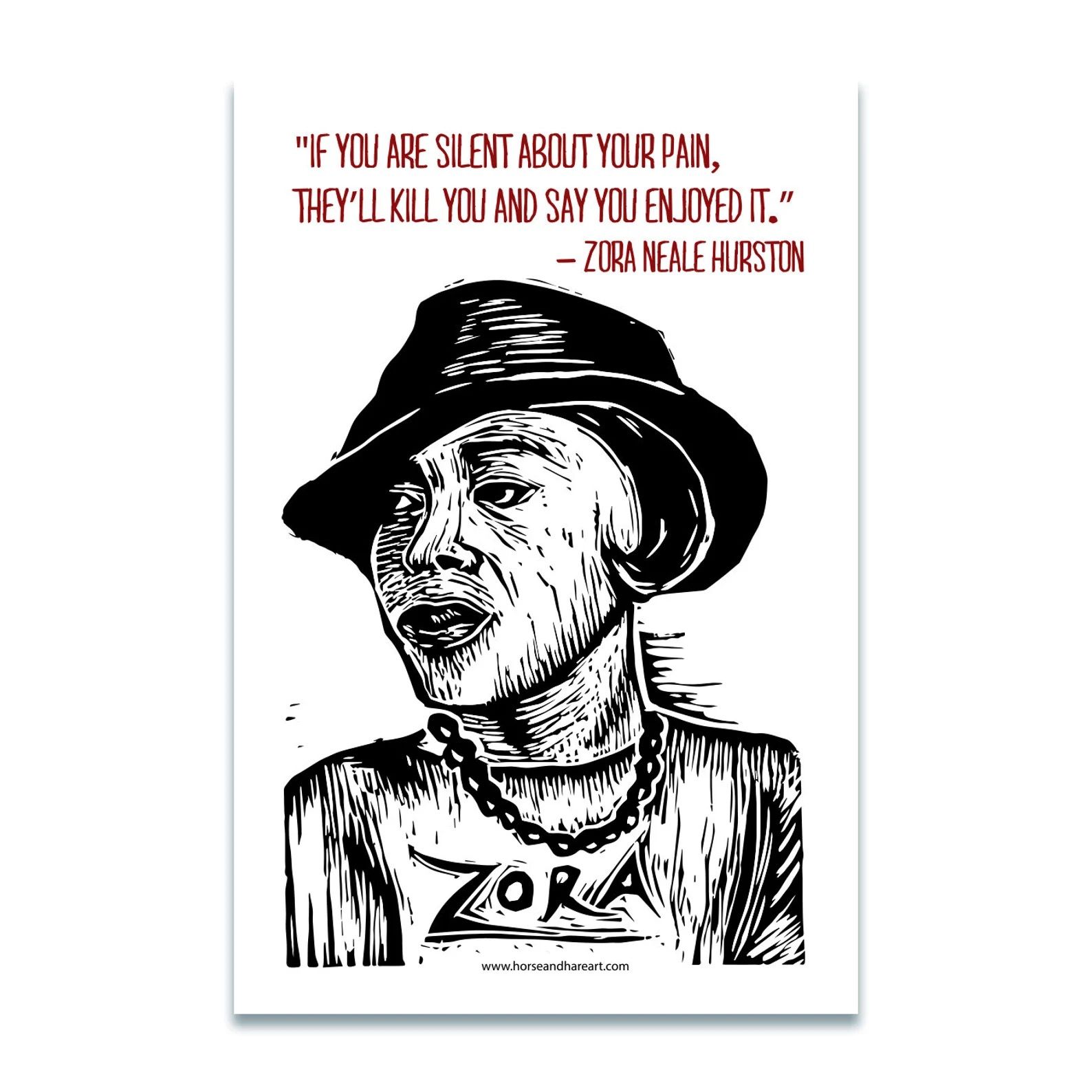 Postcard showing a black and white inked portrait of Zora Neale Hurston with a quote above printed in red letters.