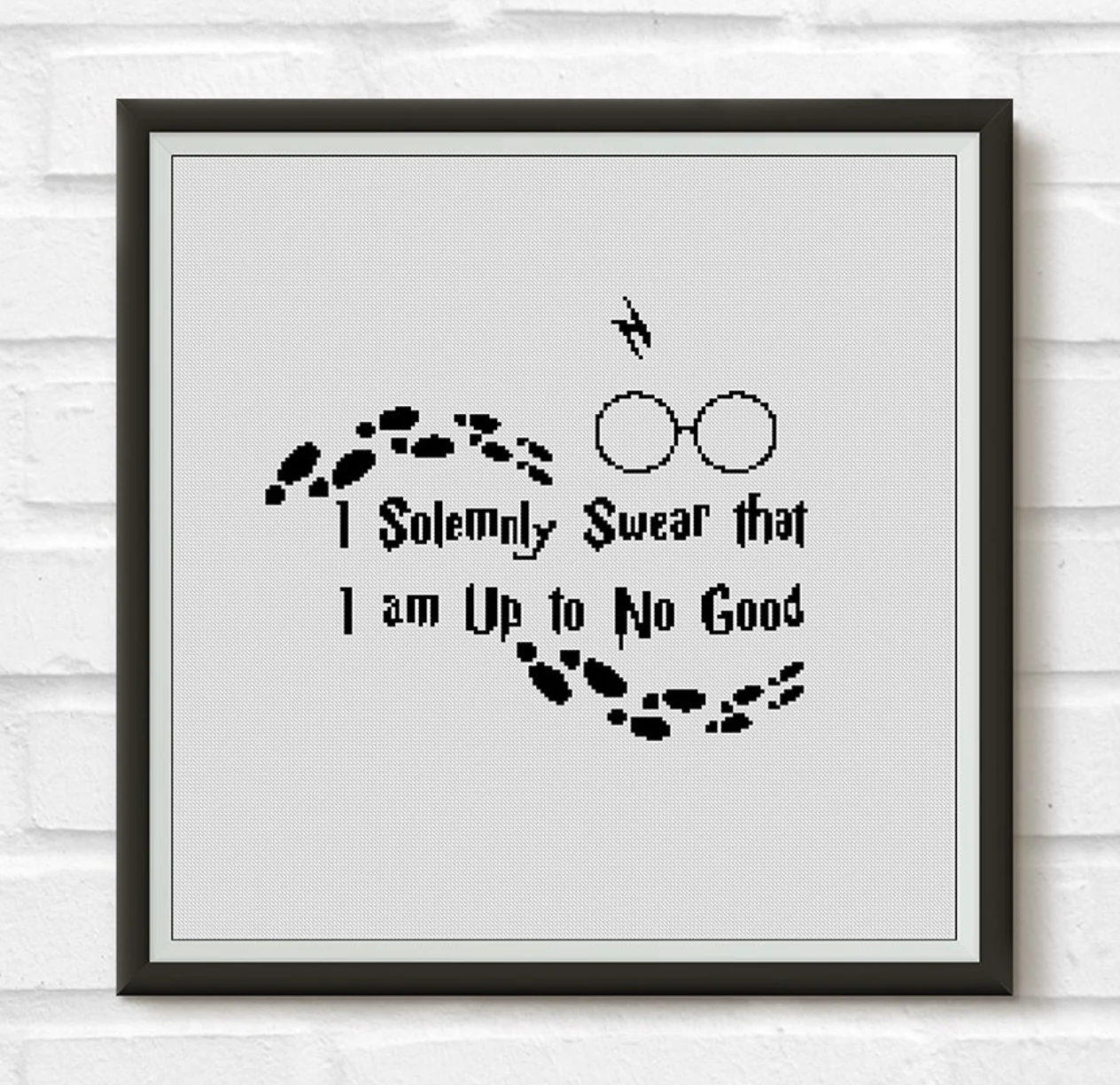 Cross stitch of the quote "I solemnly swear that I am up to no good"