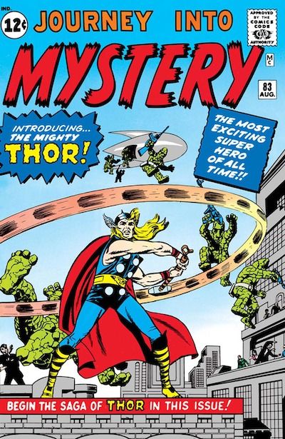 The cover of Journey into Mystery #83. Thor is swinging his hammer at green aliens with rock-like skin who are leaping down from a spaceship. The cover has various bursts reading "Introducing...the Mighty Thor!" "The most exciting superhero of all time!!" and "Begin the saga of Thor in this issue!"
