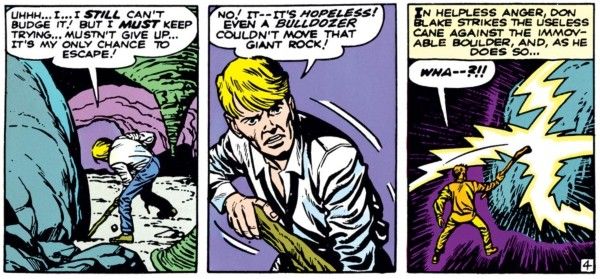 Three panels from Journey into Mystery #83.
Panel 1: Don, having removed his jacket and loosened his tie, tries to use the cane to lever a massive boulder out of the way.
Don: "Uhhh...I...I still can't budge it! But I must keep trying...mustn't give up...it's my only chance to escape!"
Panel 2: A closeup of Don's frustrated expression.
Don: "No! It's - it's hopeless! Even a bulldozer couldn't move that giant rock!"
Panel 2: Don hits the boulder with the cane and lightning radiates out from the impact.
Narration Box: "In helpless anger, Don Blake strikes the useless cane against the immovable boulder, and, as he does so..."
Don: "Wha - ?!!"