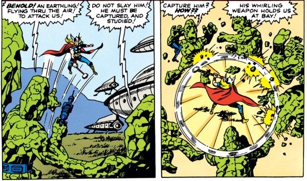 Two panels from Journey Into Mystery #83.
Panel 1: Thor flies up to confront the aliens.
Alien #1: "Behold! An Earthling! Flying thru the air! To attack us!"
Alien #2: "Do not slay him! He must be captured, and studied!"
Panel 2: Thor swings his hammer in a circle, breaking off pieces of the six rocky aliens surrounding him.
Alien #1: "Capture him? How??"
Alien #2: "His whirling weapon holds us at bay!"