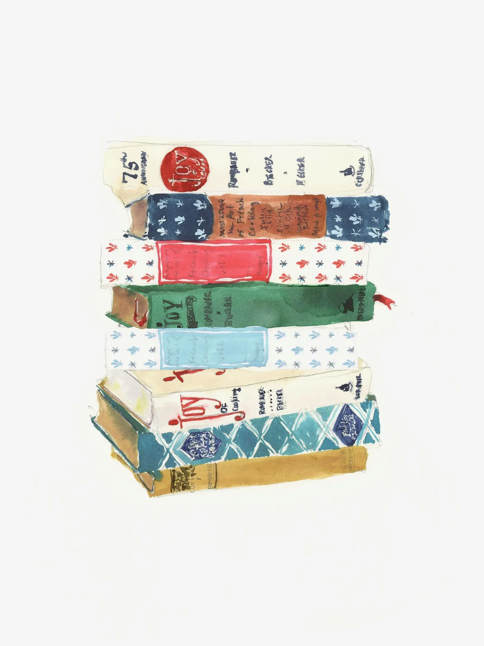 An illustrated art print showing a stack of various editions of The Joy of Cooking and Mastering the Art of French Cooking.